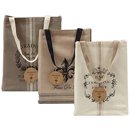 DII Printed Shopping Canvas Bags, Set of 3, French Print | Durable & Reusable Cotton Tote (15x15.25x4") thumbnail 1