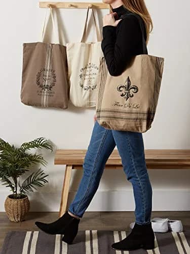 DII Printed Shopping Canvas Bags, Set of 3, French Print | Durable & Reusable Cotton Tote (15x15.25x4") thumbnail 2