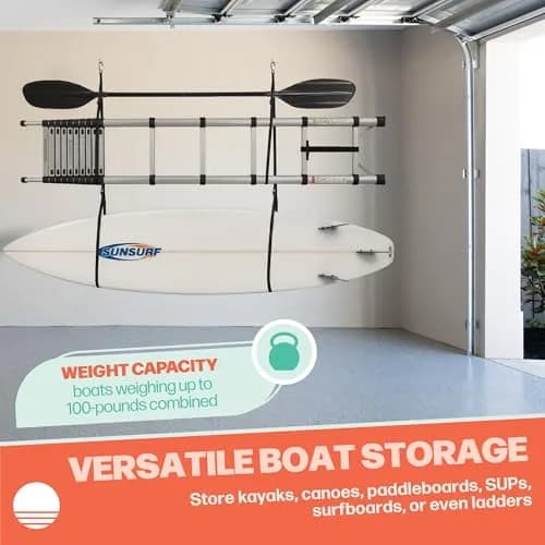 RAD Sportz Double Kayak Rack - Hanging Storage Straps with 100 lb Capacity | Stores 2 Kayaks, Canoes, SUPs, Surfboards thumbnail 6