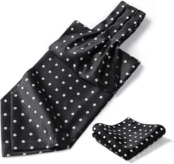 HISDERN Black Polka Dot Ascot Tie and Pocket Square Set 126cm (49.6") | Jacquard Woven Silk Blend for Men thumbnail 1