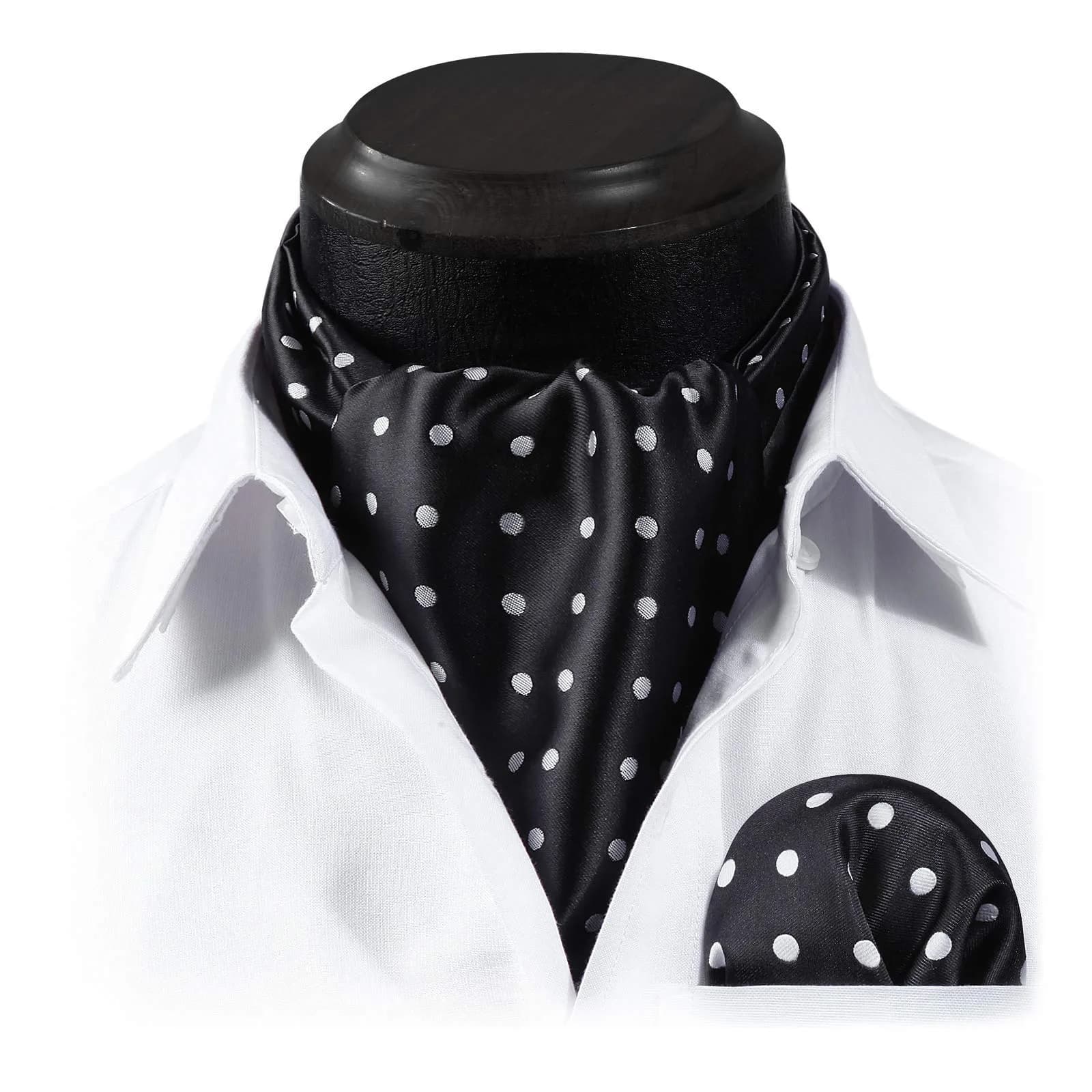 HISDERN Black Polka Dot Ascot Tie and Pocket Square Set 126cm (49.6") | Jacquard Woven Silk Blend for Men - view 4