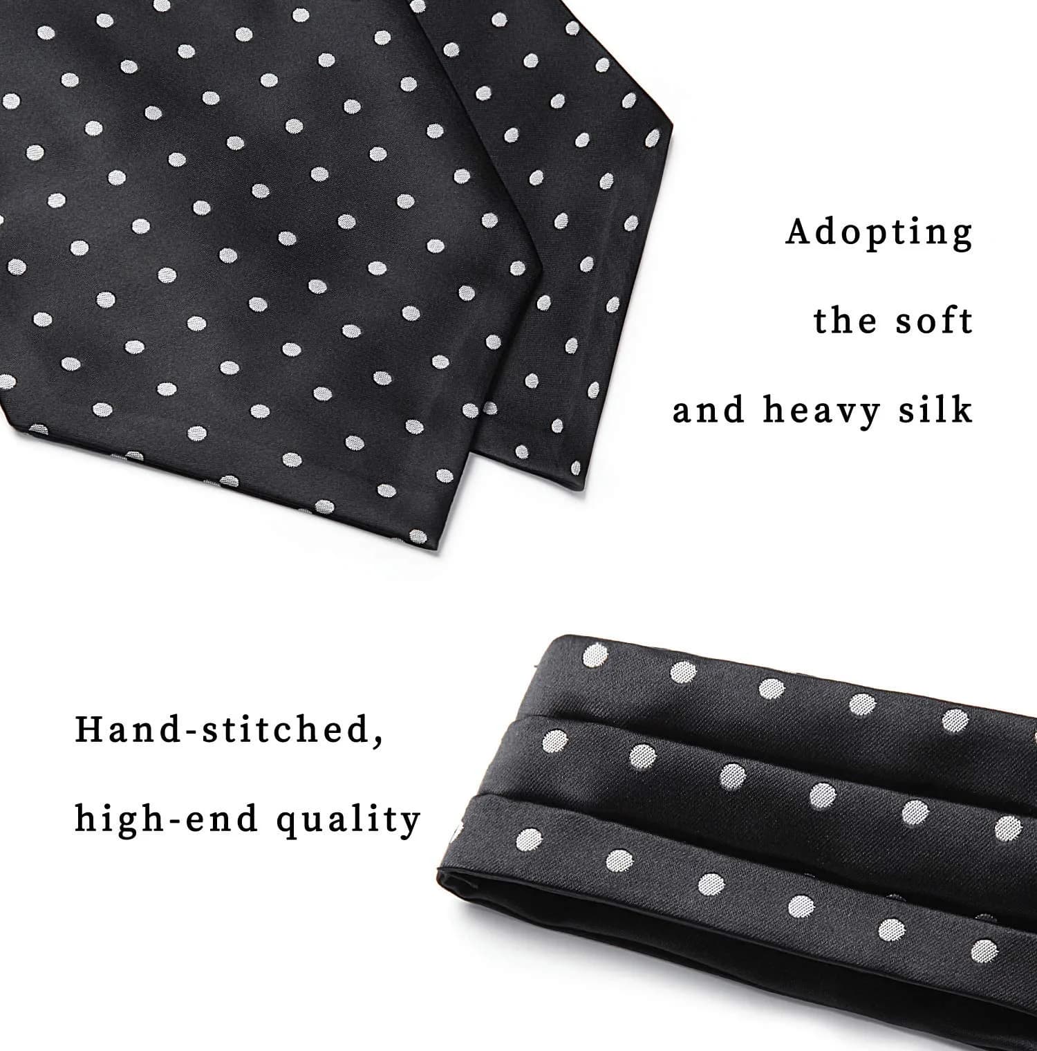 HISDERN Black Polka Dot Ascot Tie and Pocket Square Set 126cm (49.6") | Jacquard Woven Silk Blend for Men - view 5