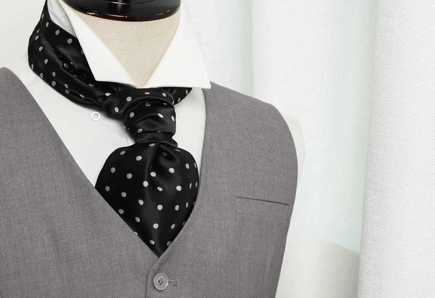 HISDERN Black Polka Dot Ascot Tie and Pocket Square Set 126cm (49.6") | Jacquard Woven Silk Blend for Men - view 2