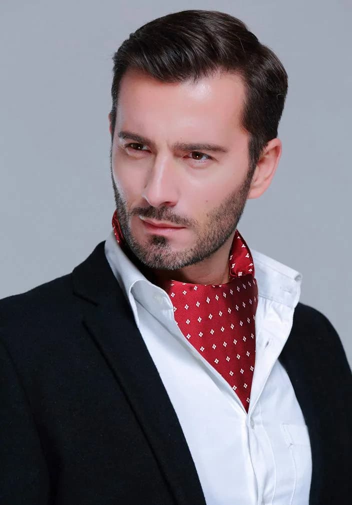 HISDERN Men's Cravat Ascot Tie & Pocket Square Set Burgundy Polka Dot 126cm (49.6") | Jacquard Woven Silk Blend - view 3