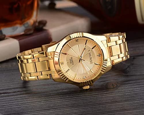 DREAMING Q&P Gold Stainless Steel Men's Business Wrist Watch | Water-Resistant 10m | Crystals thumbnail 4