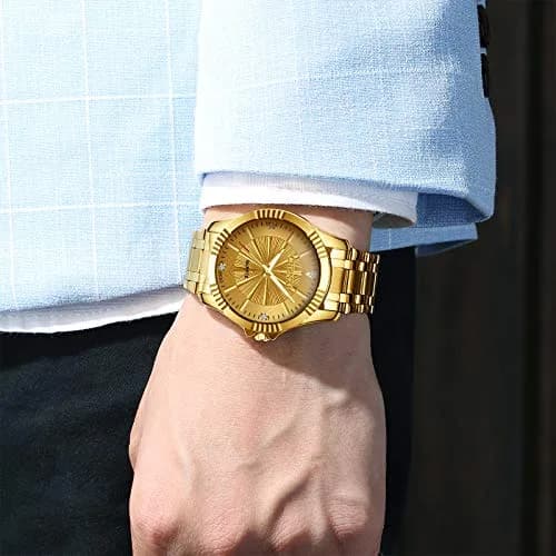 DREAMING Q&P Gold Stainless Steel Men's Business Wrist Watch | Water-Resistant 10m | Crystals thumbnail 6