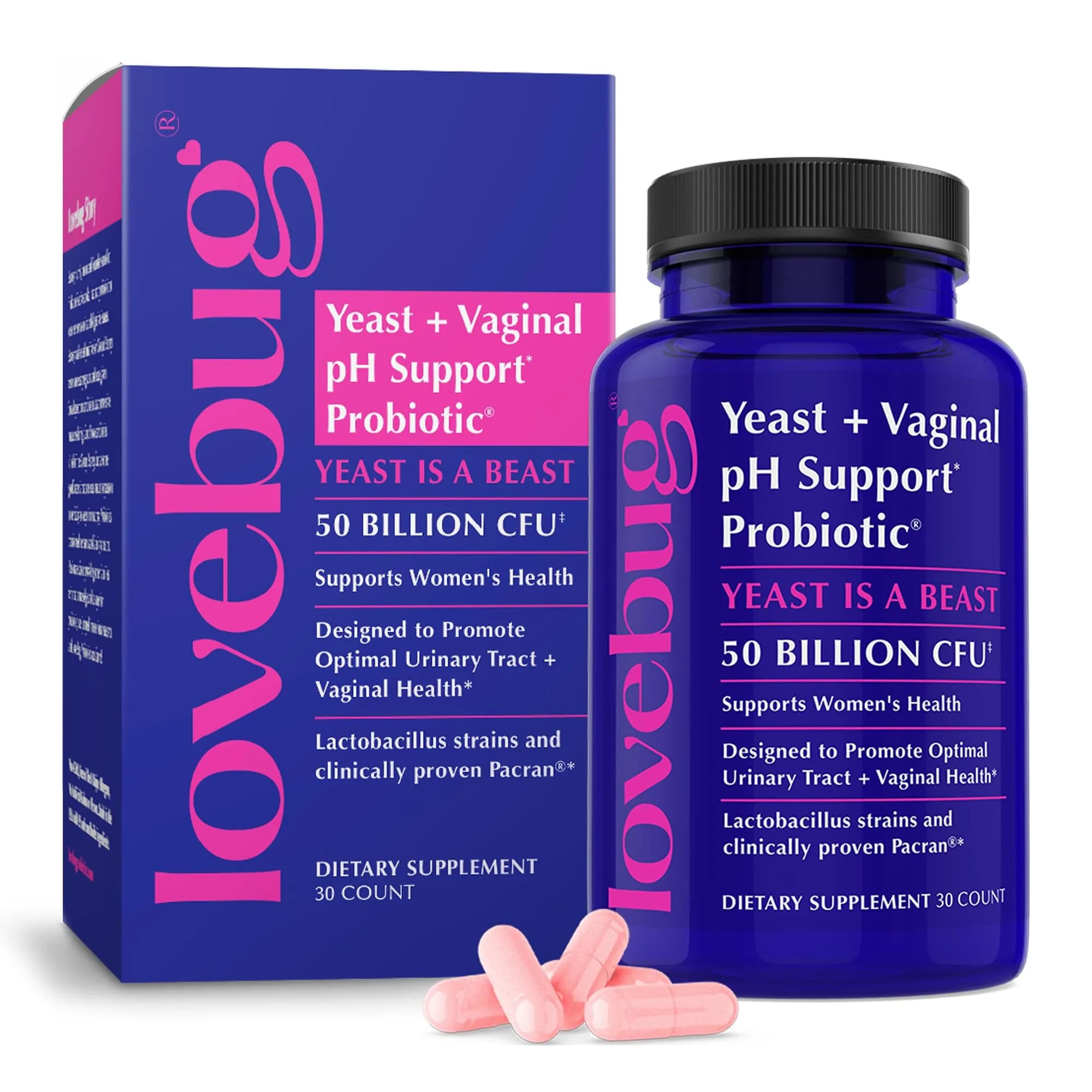 LOVEBUG Probiotics for Women with Pancran – Multi-Strain Probiotic Supporting UTI, BV, Odor & PH Balance - Vaginal Probiotics for Womens Intimate Flora & Digestive Health - 30 Capsules | Supports Vaginal & Digestive Balance