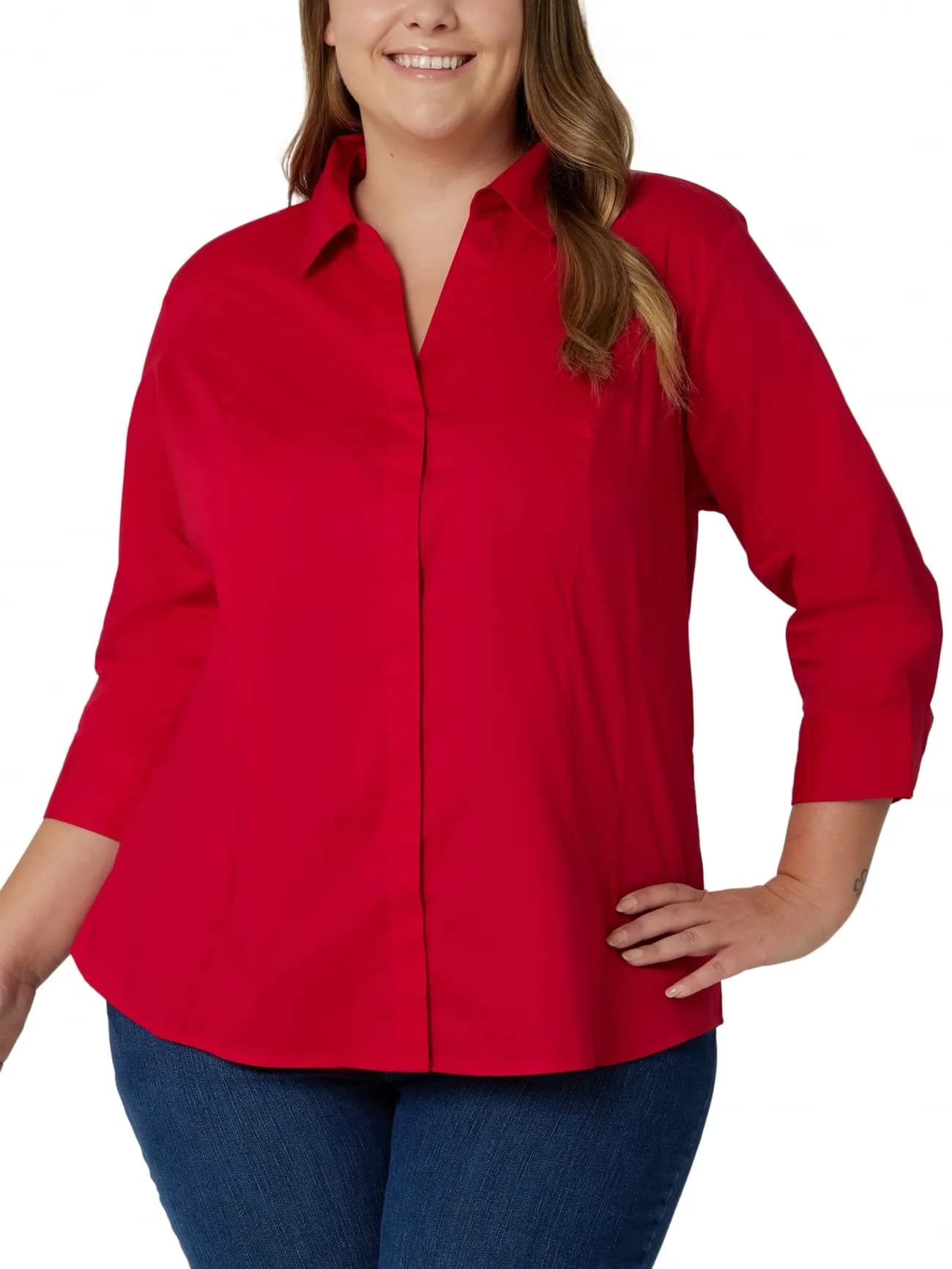 Riders Plus Size Easy Care 3/4 Sleeve Woven Shirt in Classic Red | Wrinkle Resistant, Casual & Work Ready (70-120 chars) - main product image