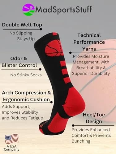 MadSportsStuff Basketball Socks Small | Durable Knit, Supportive & Moisture-Wicking thumbnail 5