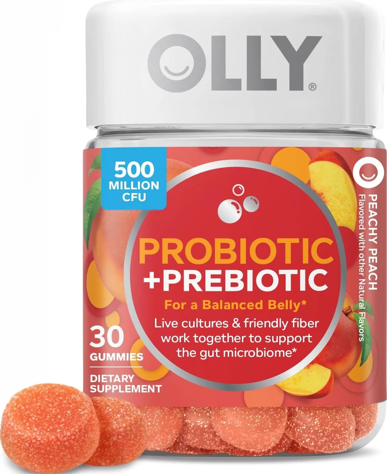 OLLY Probiotic + Prebiotic Gummy, 500 Million CFUs, Peachy Peach, 30 Count (30 Day Supply) | Digestive & Immune Support - main product image