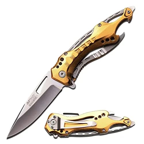 MTECH USA Folding Knife, 3.75-Inch Half-Serrated Blade, Titanium Coating, Glass Breaker, Pocket Clip (Gold Silver) | Compact Tactical Utility thumbnail 1