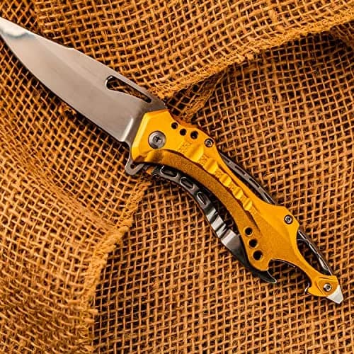 MTECH USA Folding Knife, 3.75-Inch Half-Serrated Blade, Titanium Coating, Glass Breaker, Pocket Clip (Gold Silver) | Compact Tactical Utility thumbnail 5