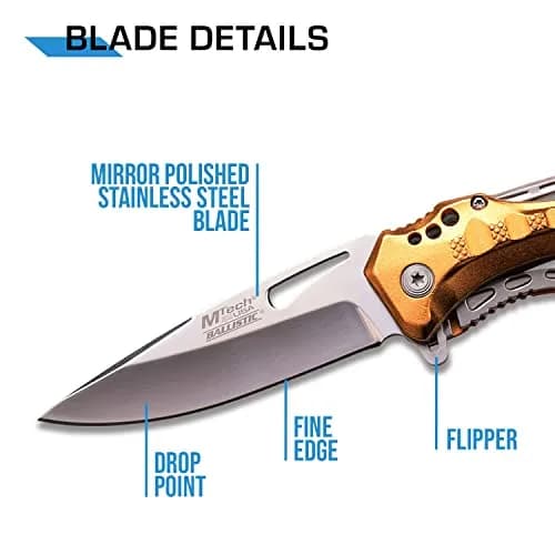 MTECH USA Folding Knife, 3.75-Inch Half-Serrated Blade, Titanium Coating, Glass Breaker, Pocket Clip (Gold Silver) | Compact Tactical Utility thumbnail 3