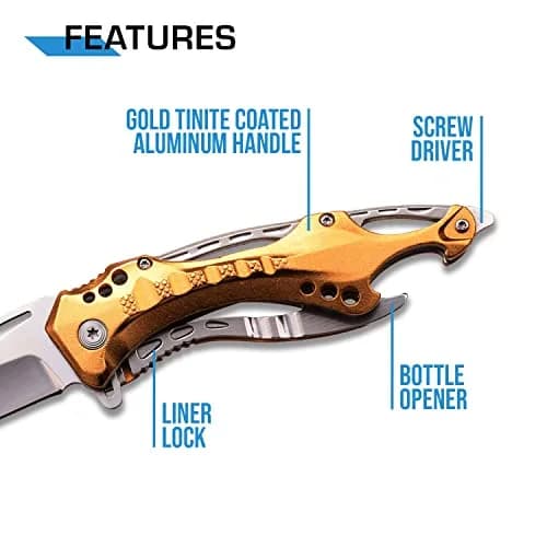 MTECH USA Folding Knife, 3.75-Inch Half-Serrated Blade, Titanium Coating, Glass Breaker, Pocket Clip (Gold Silver) | Compact Tactical Utility thumbnail 4