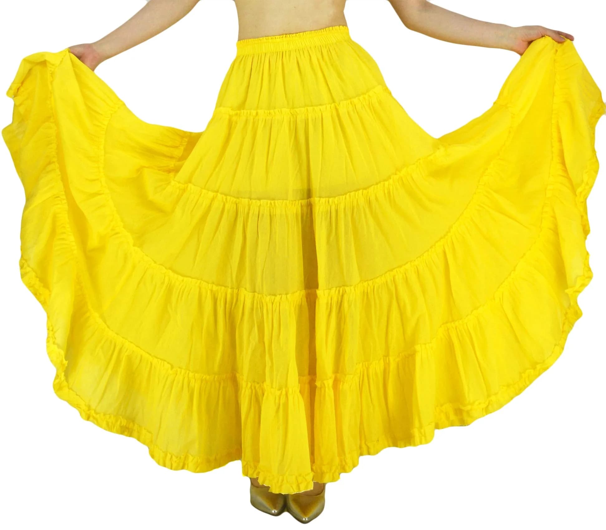 YSJERA Women's Cotton 5 Tiered A Line Pleated Maxi Skirt Long Boho Gypsy Dance Skirts (One Size,Yellow) | Flowy, Breathable Cotton for Casual & Formal Wear