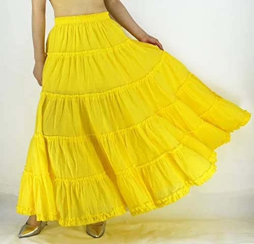 YSJERA Women's Cotton 5 Tiered A Line Pleated Maxi Skirt Long Boho Gypsy Dance Skirts (One Size,Yellow) | Flowy, Breathable Cotton for Casual & Formal Wear thumbnail 3