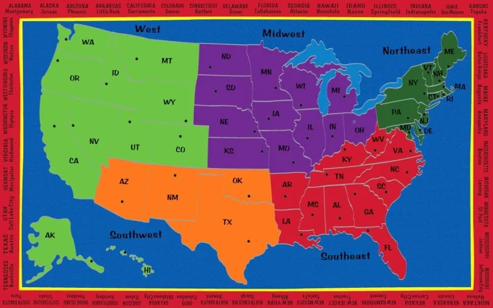KIDCARPET.COM Map of The USA with Regions Classroom Rug | Geography Learning Carpet for Preschool & Elementary — Map of the Usa With Regions