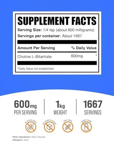 BulkSupplements Choline Bitartrate Powder 1kg (2.2 lbs) | Supports Overall Health & Cognitive Function thumbnail 2