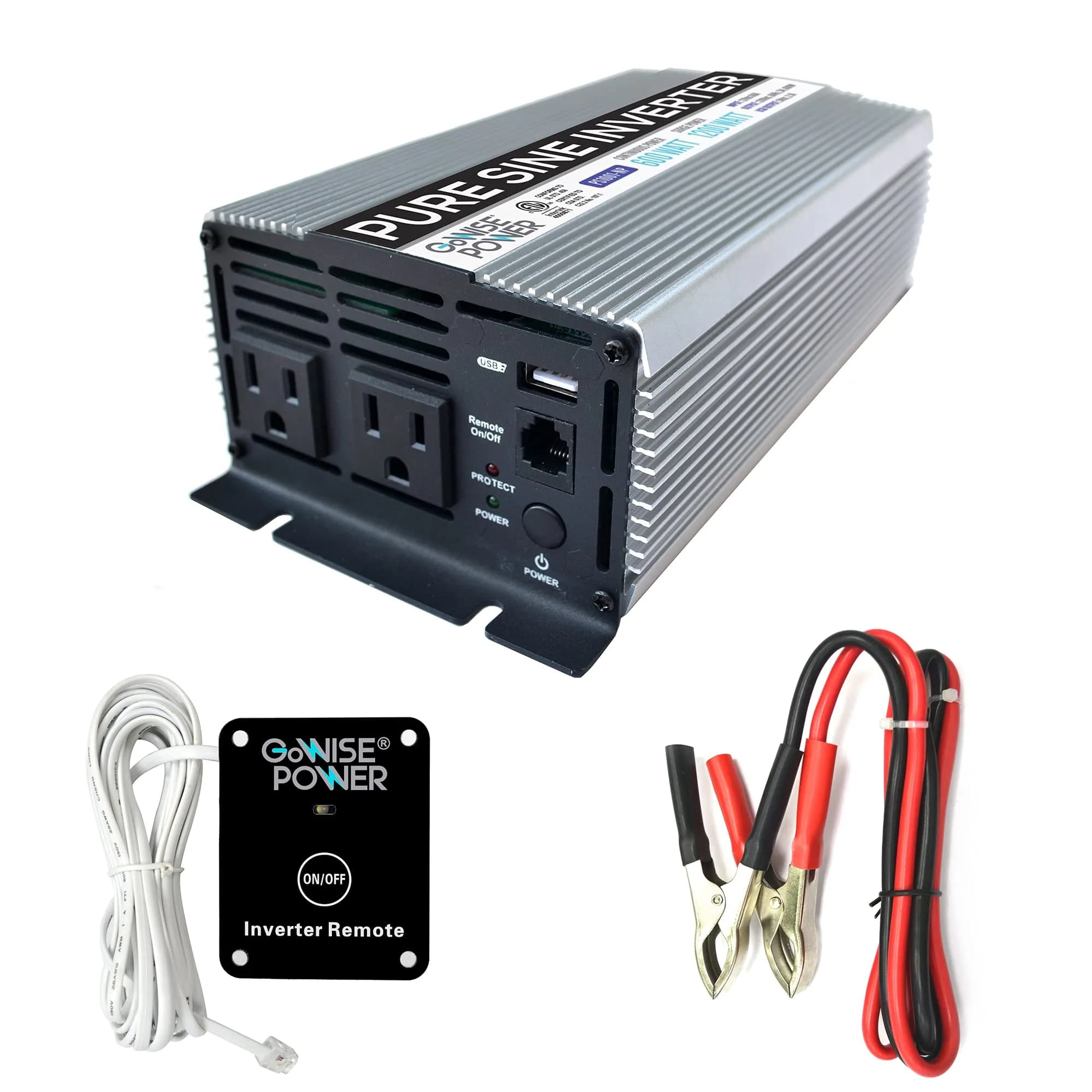 GoWISE Power 600W Pure Sine Wave Inverter 12V DC to 115V AC | Compact, Efficient Emergency Power — Black
