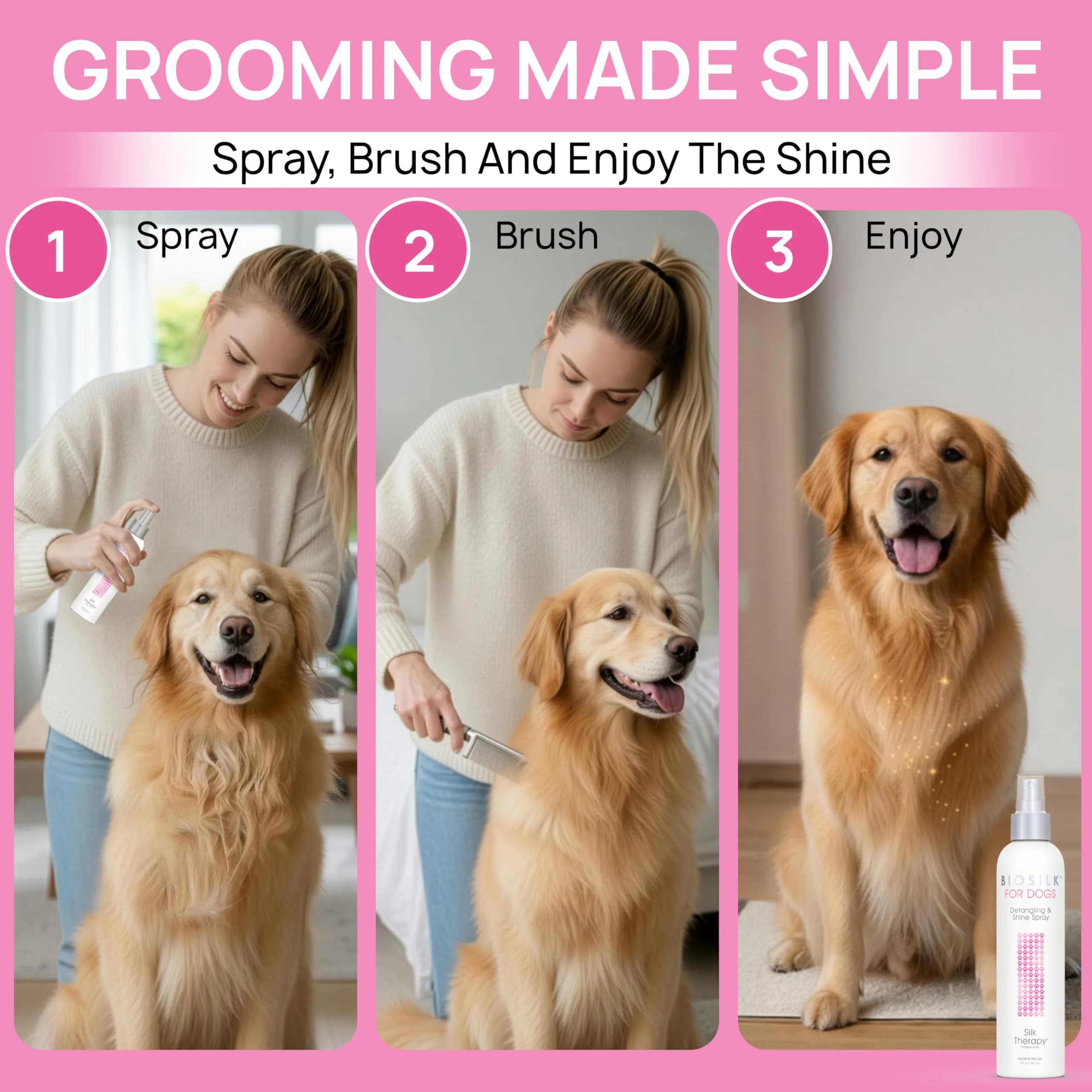 BioSilk for Dogs Silk Therapy Detangling and Shine Spray 237ml (8 Fl Oz) | pH Balanced Leave-In Mist for Dematting - view 3
