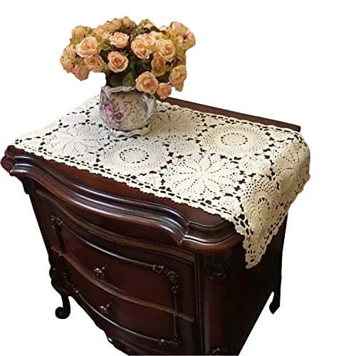 USTIDE Rustic Floral Table Runner Hand Crochet 40cm x 80cm | Beige Cotton Doilies for Elegant Decor thumbnail 1
