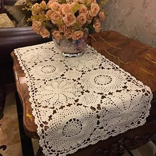 USTIDE Rustic Floral Table Runner Hand Crochet 40cm x 80cm | Beige Cotton Doilies for Elegant Decor thumbnail 5