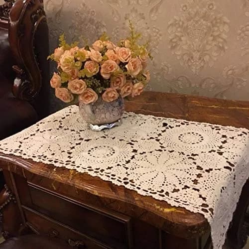 USTIDE Rustic Floral Table Runner Hand Crochet 40cm x 80cm | Beige Cotton Doilies for Elegant Decor thumbnail 2