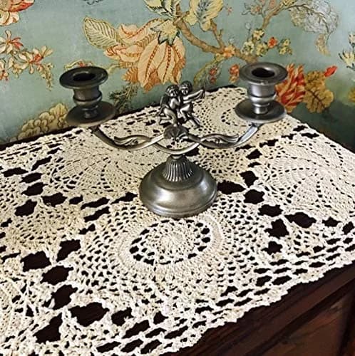USTIDE Rustic Floral Table Runner Hand Crochet 40cm x 80cm | Beige Cotton Doilies for Elegant Decor thumbnail 3