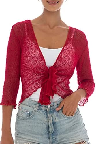 Back From Bali Sheer Shrug Cardigan Mesh Knit, Red | Lightweight, Sexy Cover-up for Women thumbnail 4
