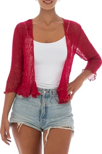 Back From Bali Sheer Shrug Cardigan Mesh Knit, Red | Lightweight, Sexy Cover-up for Women thumbnail 3