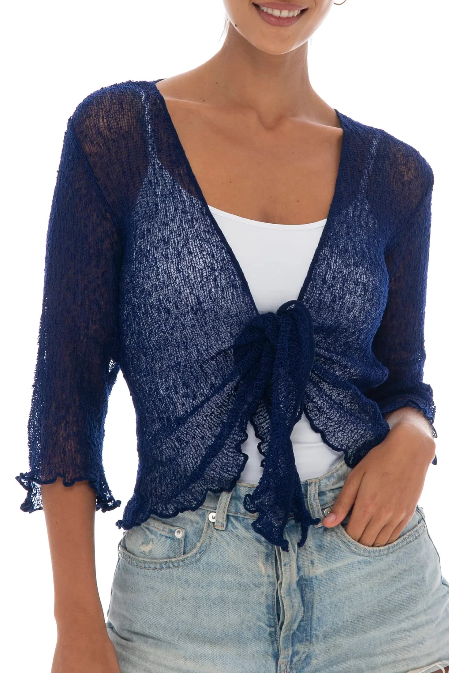 Back From Bali Sheer Shrug Cardigan Mesh Knit Navy | Versatile, Lightweight & Travel-Ready