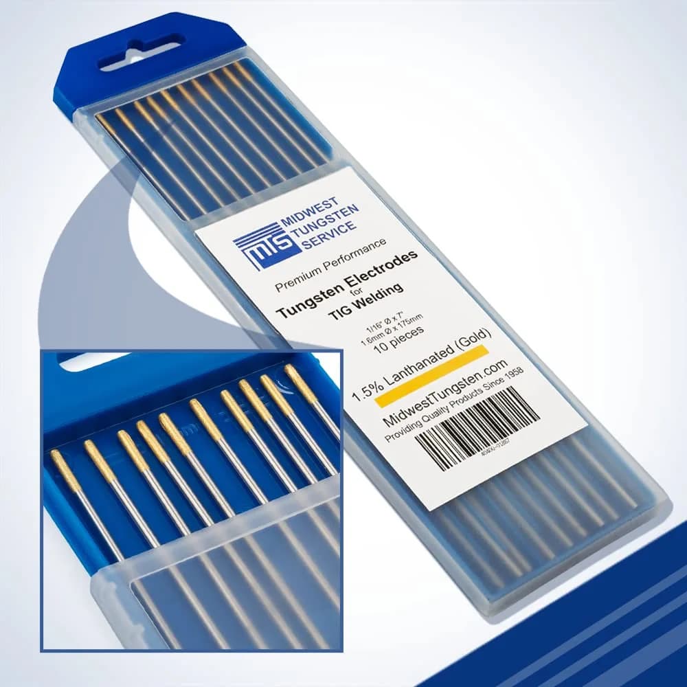 Midwest Tungsten Service Gold 3/32" (2.38mm) TIG Tungsten Electrodes - 1.5% Lanthanated, 10-Pack | Reliable Arc-Striking for AC/DC Welding — Gold - 1.5% Lanthanated / 1/16"