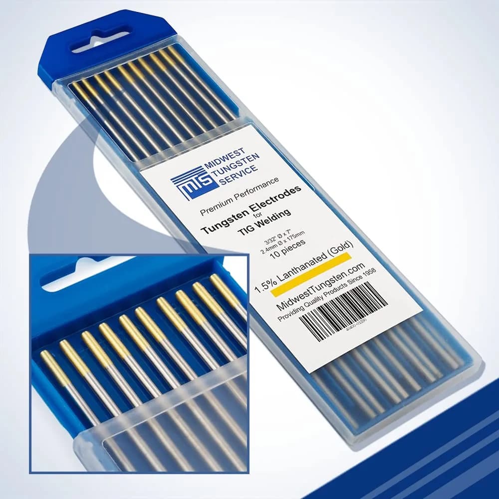 Midwest Tungsten Service Gold 3/32" (2.38mm) TIG Tungsten Electrodes - 1.5% Lanthanated, 10-Pack | Reliable Arc-Striking for AC/DC Welding — Gold - 1.5% Lanthanated