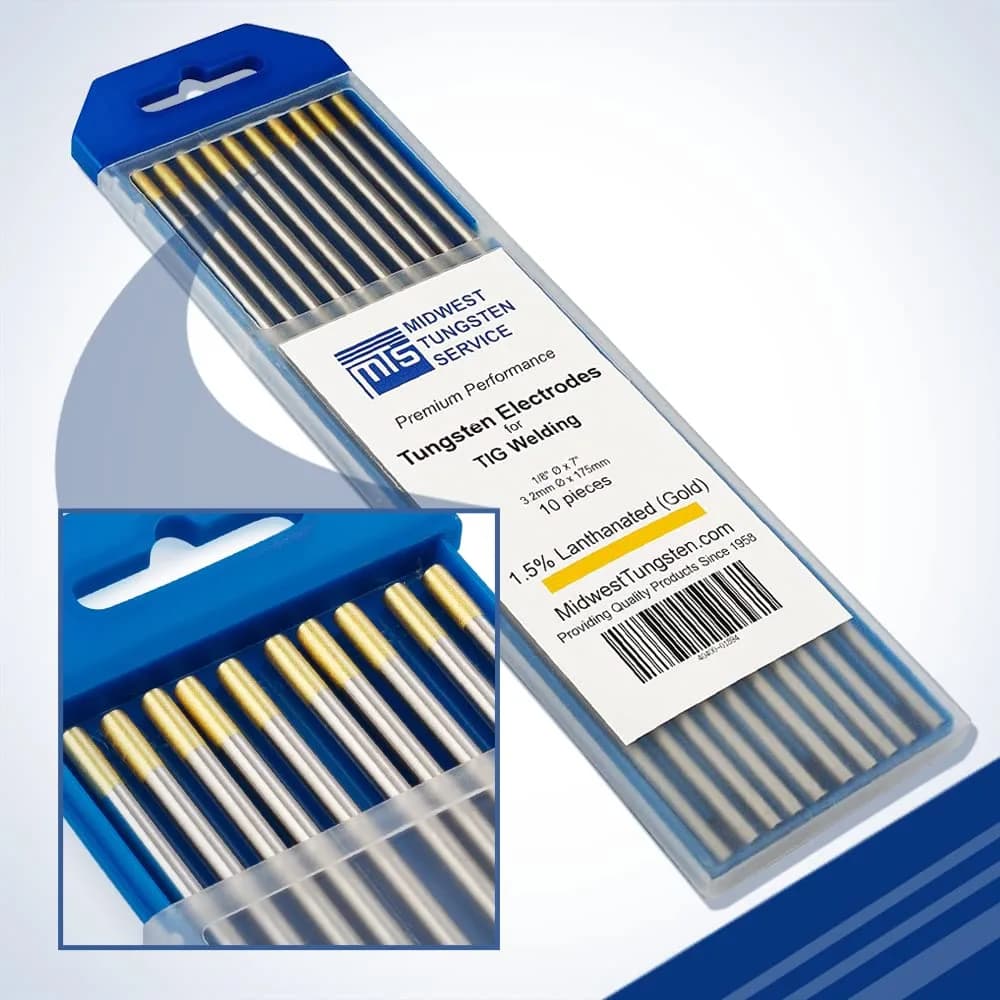 Midwest Tungsten Service Gold 1/8" TIG Tungsten Electrodes 10-Pack | Reliable Arc-Striking & Low Burn-Off — Gold - 1.5% Lanthanated