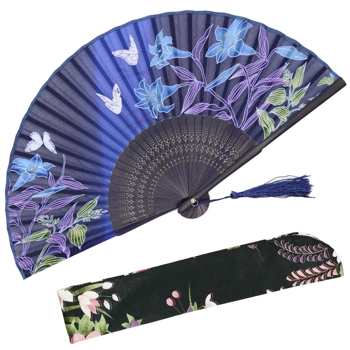 OMyTea Hand Fan Foldable for Women, Japanese Chinese Fan, Dark Blue Lily | Vintage Floral Silk & Bamboo