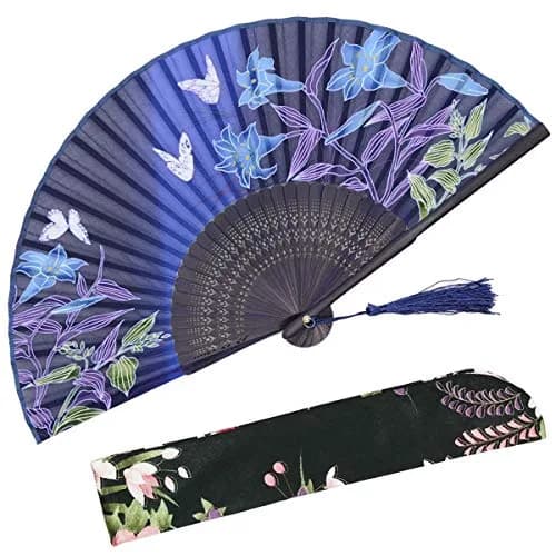 OMyTea Hand Fan Foldable for Women, Japanese Chinese Fan, Dark Blue Lily | Vintage Floral Silk & Bamboo thumbnail 1