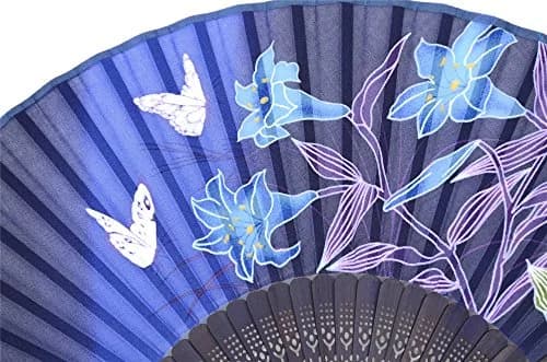 OMyTea Hand Fan Foldable for Women, Japanese Chinese Fan, Dark Blue Lily | Vintage Floral Silk & Bamboo thumbnail 4