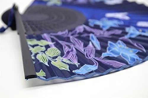 OMyTea Hand Fan Foldable for Women, Japanese Chinese Fan, Dark Blue Lily | Vintage Floral Silk & Bamboo thumbnail 6
