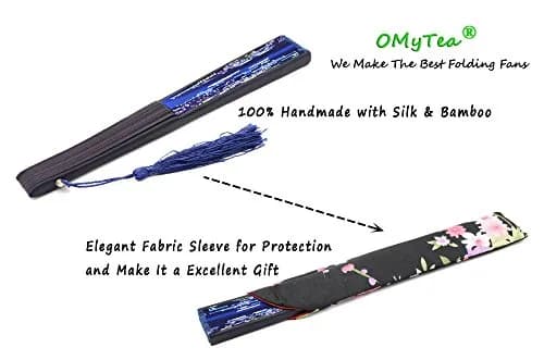 OMyTea Hand Fan Foldable for Women, Japanese Chinese Fan, Dark Blue Lily | Vintage Floral Silk & Bamboo thumbnail 7