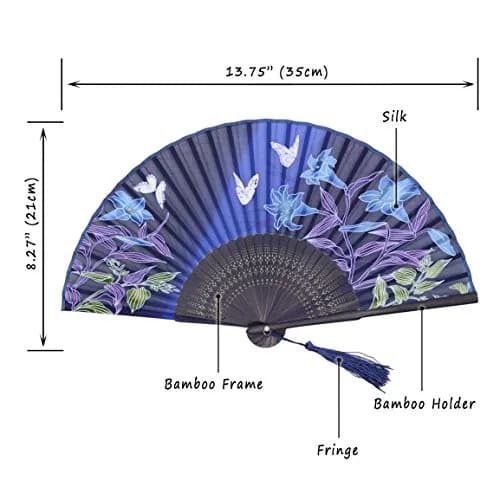 OMyTea Hand Fan Foldable for Women, Japanese Chinese Fan, Dark Blue Lily | Vintage Floral Silk & Bamboo thumbnail 2