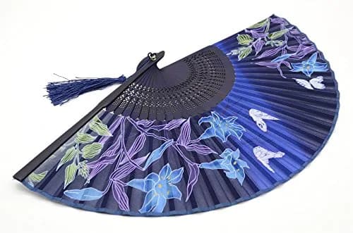 OMyTea Hand Fan Foldable for Women, Japanese Chinese Fan, Dark Blue Lily | Vintage Floral Silk & Bamboo thumbnail 3
