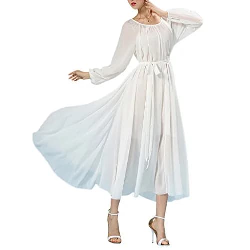 BUENOS NINOS Women's Long Sleeve Maxi Dress with Belt White S | Elegant Chiffon Design thumbnail 2