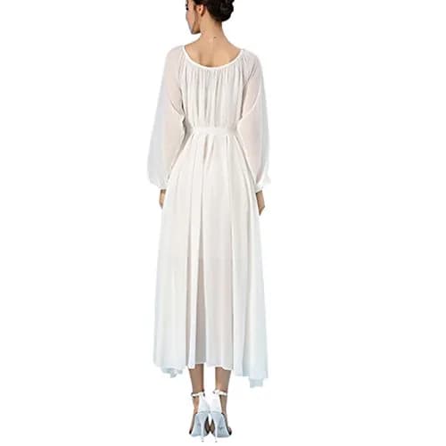 BUENOS NINOS Women's Long Sleeve Maxi Dress with Belt White S | Elegant Chiffon Design thumbnail 3