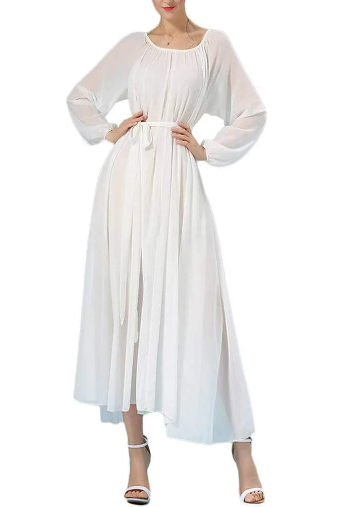 BUENOS NINOS Women's Long Sleeve Crew Neck Maxi Dress with Belt White M | Loose Fit, Chiffon, Perfect for Parties & Vacation — Small
