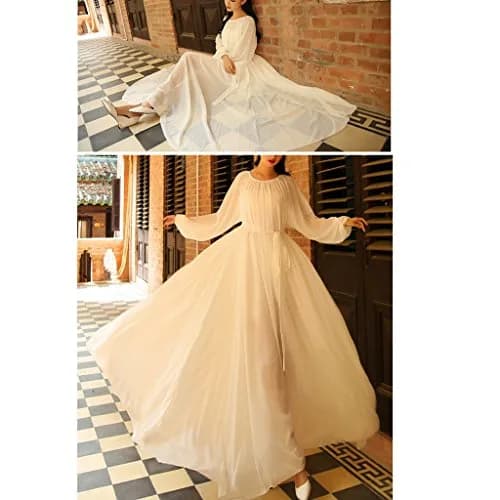 BUENOS NINOS Women's Long Sleeve Crew Neck Maxi Dress with Belt White M | Loose Fit, Chiffon, Perfect for Parties & Vacation thumbnail 4