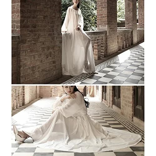 BUENOS NINOS Women's Long Sleeve Crew Neck Maxi Dress with Belt White M | Loose Fit, Chiffon, Perfect for Parties & Vacation thumbnail 5
