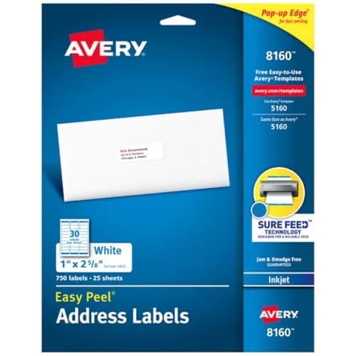 Avery Easy Peel Printable Address Labels 1" x 2-5/8" (750 Labels, White) | Sure Feed Technology for Jam-Free Printing thumbnail 1