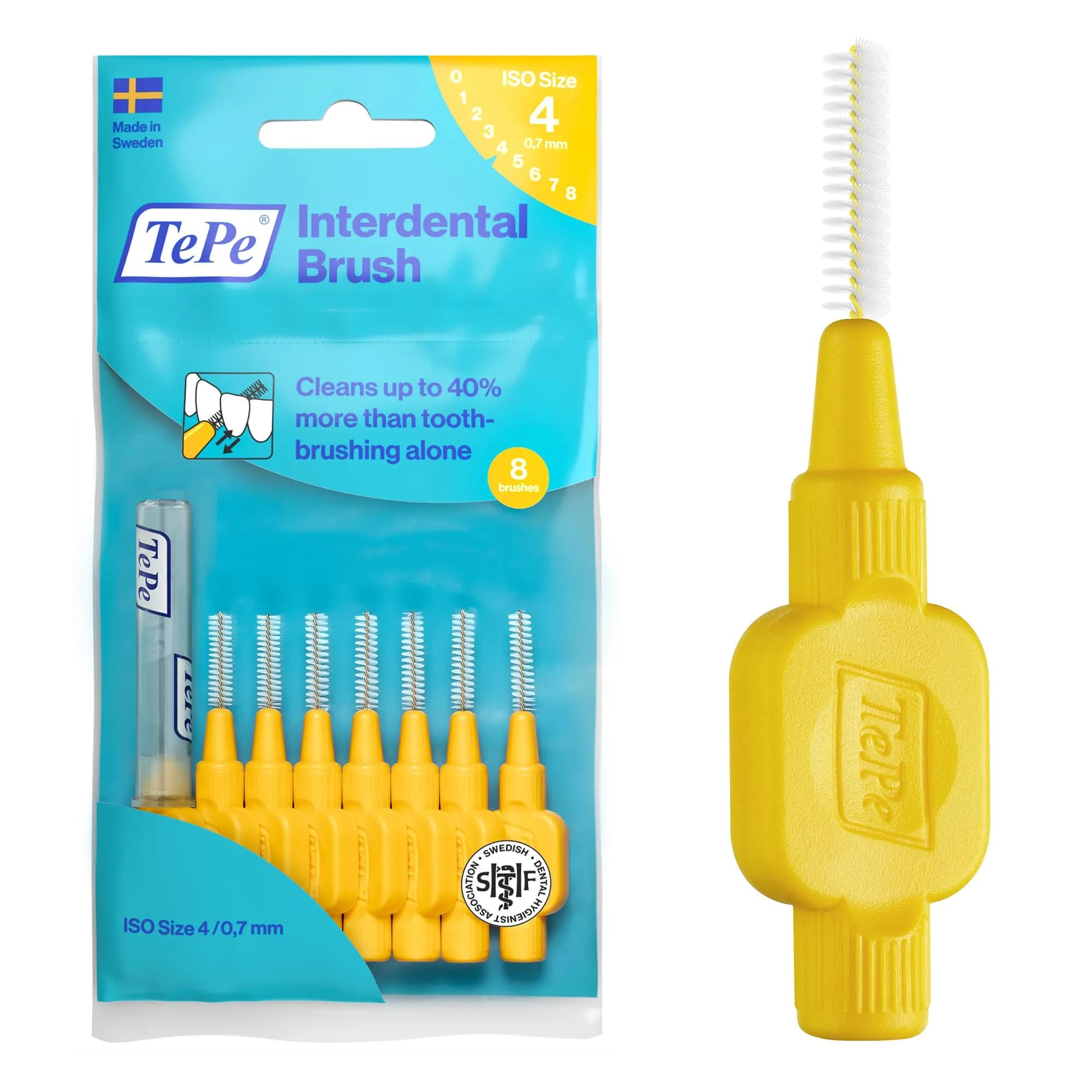 TePe Original Interdental Brush Yellow 0.7mm (Size 4) | 8 Count Pack with Plastic-Coated Wire for Gentle Cleaning — Yellow