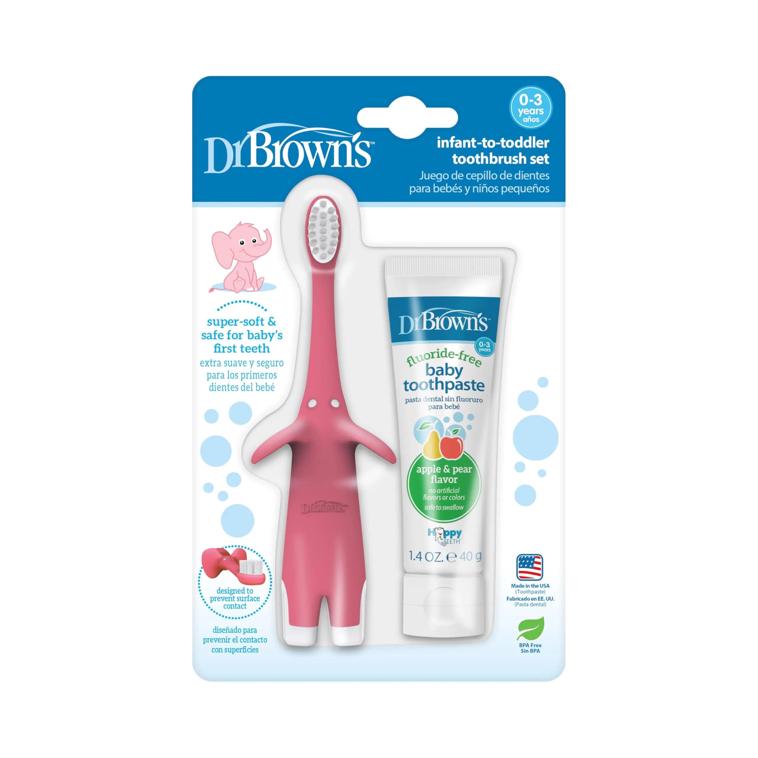 Dr. Brown's Infant-to-Toddler Toothbrush and Toothpaste Set, Pink Elephant, 2 Count (Pack of 1) | BPA-Free & Fluoride-Free Oral Care
