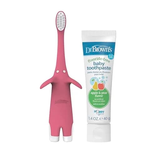 Dr. Brown's Infant-to-Toddler Toothbrush and Toothpaste Set, Pink Elephant, 2 Count (Pack of 1) | BPA-Free & Fluoride-Free Oral Care thumbnail 2